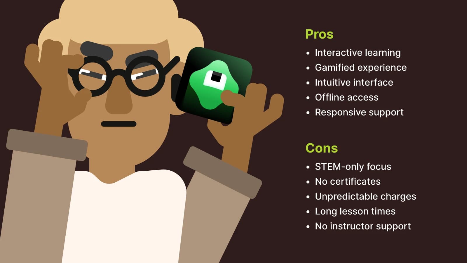 Illustrated character with Brilliant logo showing pros and cons list for Brilliantorg review on brown background