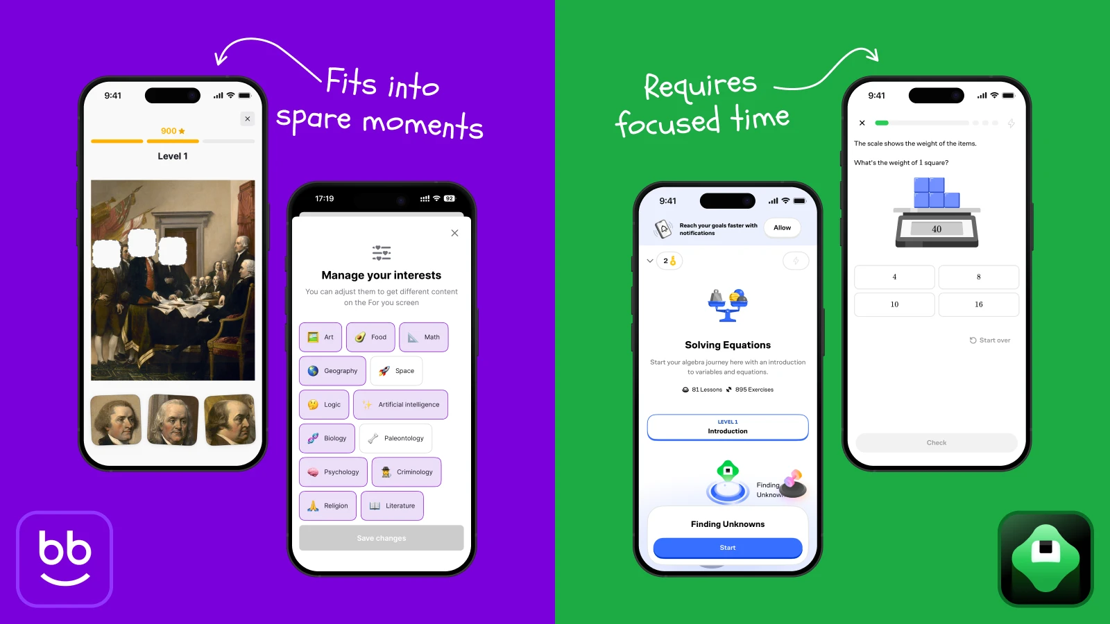 Nibble and Brilliant learning app interfaces on smartphones, purple background shows spare moments feature, green shows focused time approach