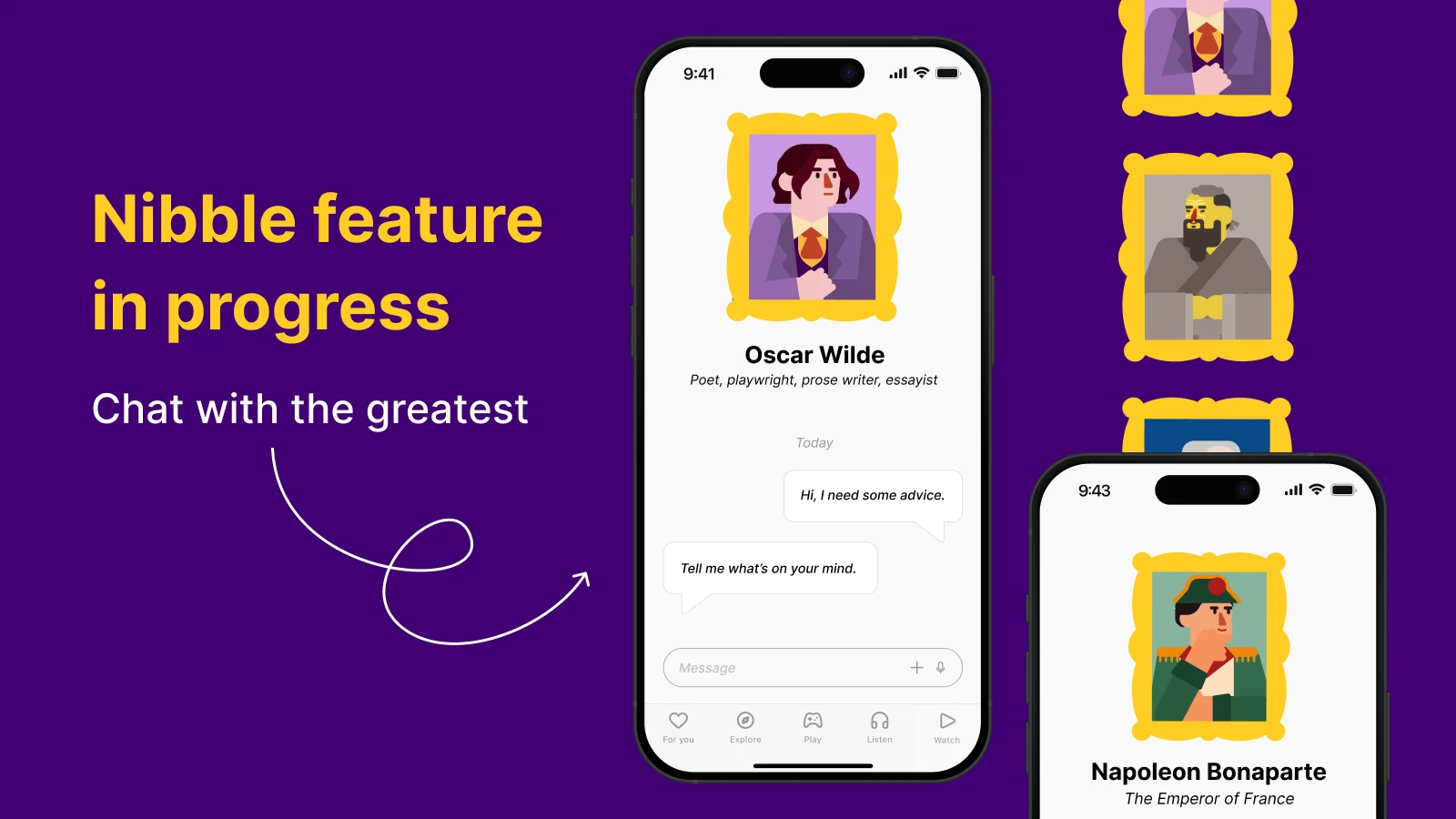 Nibble app chat feature displaying smartphones with Oscar Wilde and Napoleon Bonaparte for bite-sized lessons on purple background