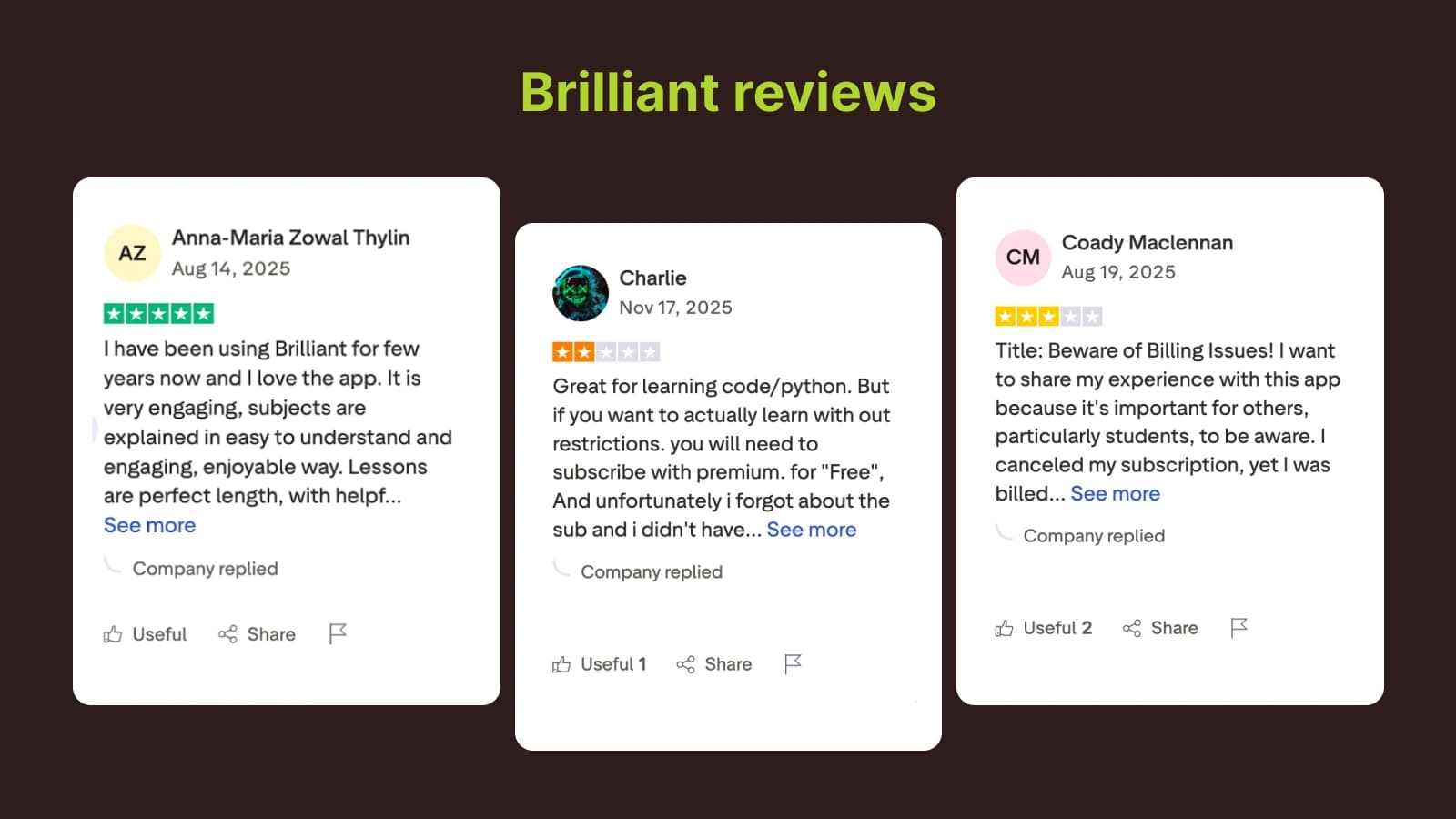 Brilliant reviews from users displayed in white cards with ratings and testimonials on dark brown background