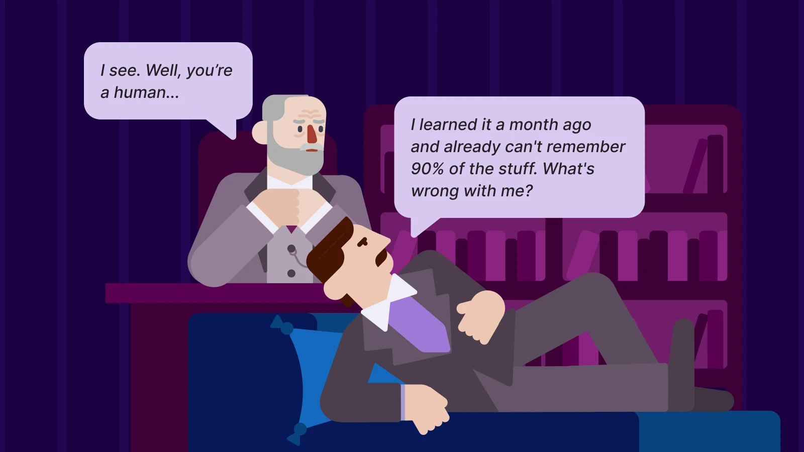 Illustrated therapy session showing patient on couch discussing microlearning with therapist in purple office with bookshelves