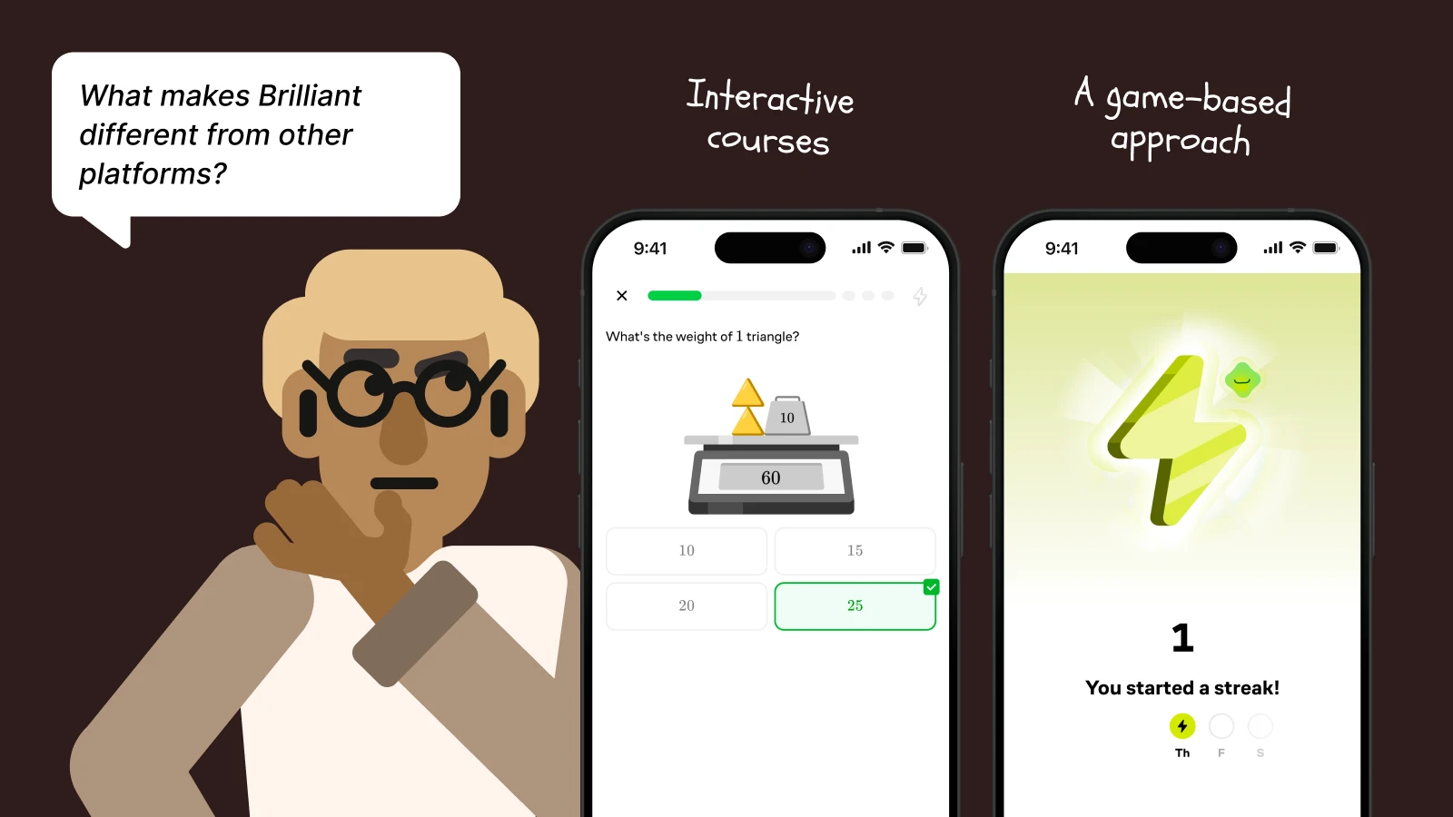 Brilliant interactive learning platform features showing illustrated thinker, mobile interface, and game-based approach on dark brown background