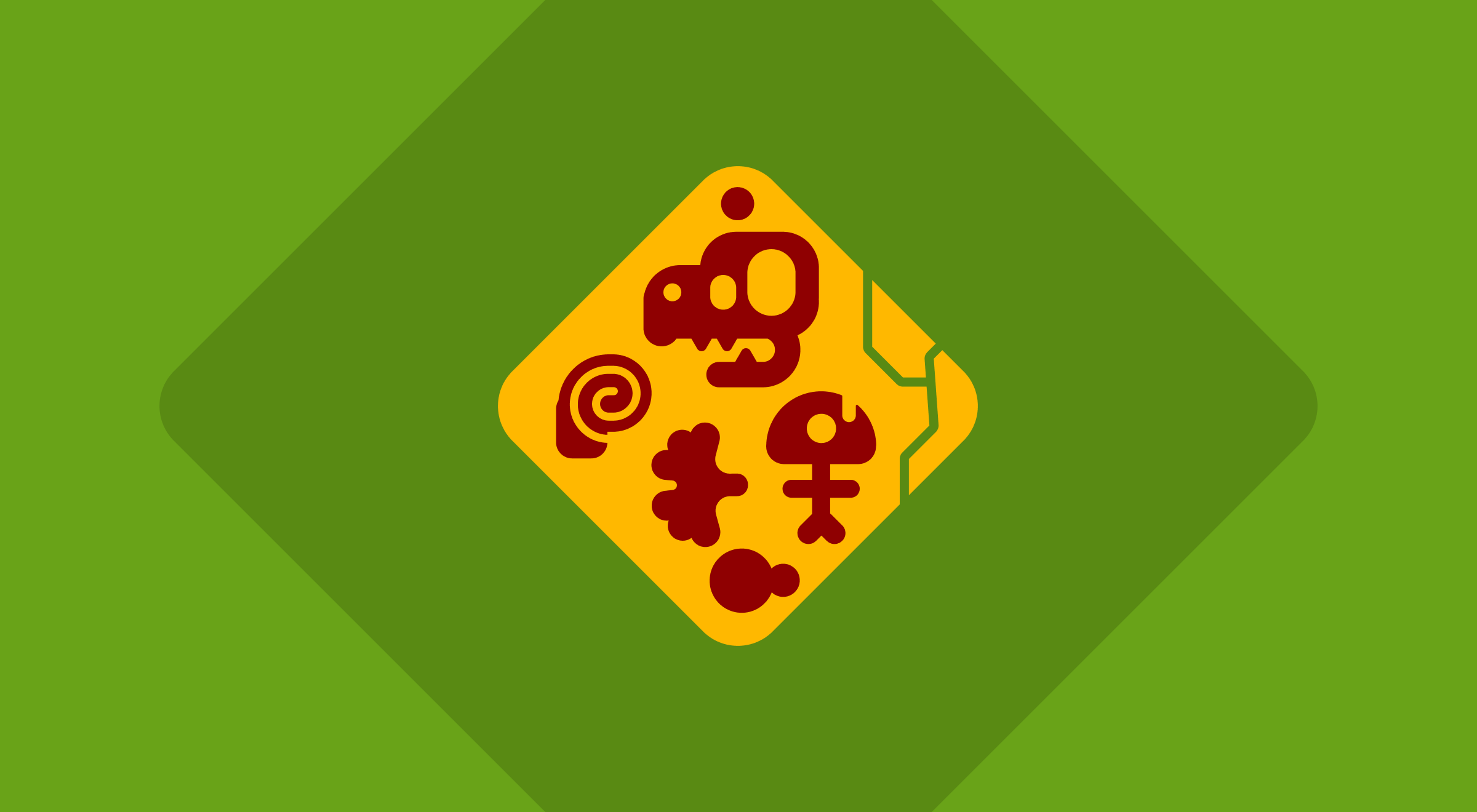 _Yellow diamond-shaped sign with dark red ancient symbols and petroglyphs including a skull, spiral, and human figures on a green background