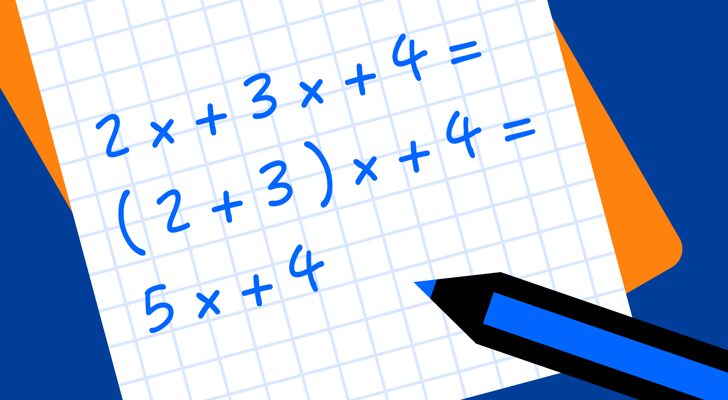 Illustrated grid notebook page with a handwritten algebraic equation showing steps of combining like terms, with a pencil and blue and orange geometric shapes in the background