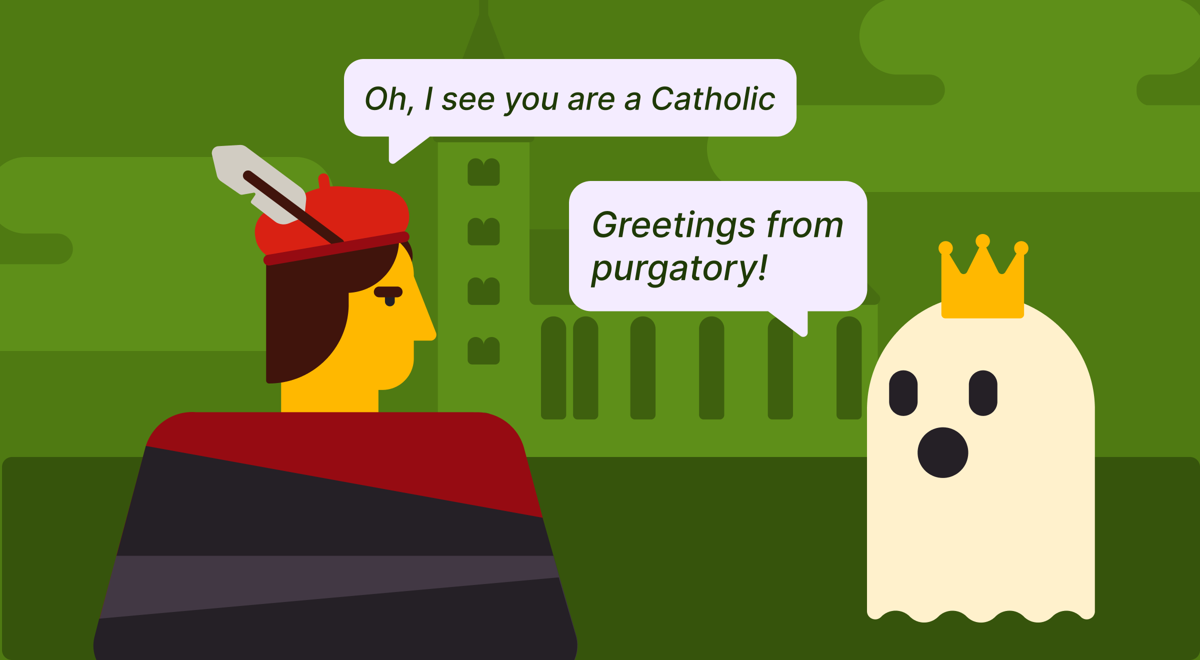 Illustrated scene of a medieval figure in a red hat talking to a crowned ghost on a dark green urban background, depicting a humorous purgatory encounter