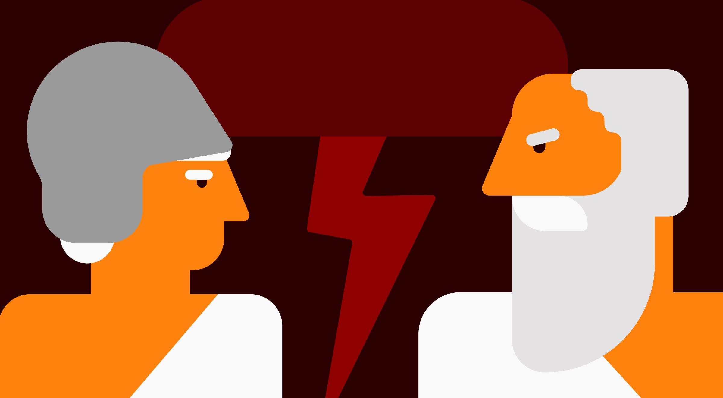 Flat illustration of two figures facing each other with a red lightning bolt between them on a dark burgundy background, depicting a Greek mythology trivia conflict scene