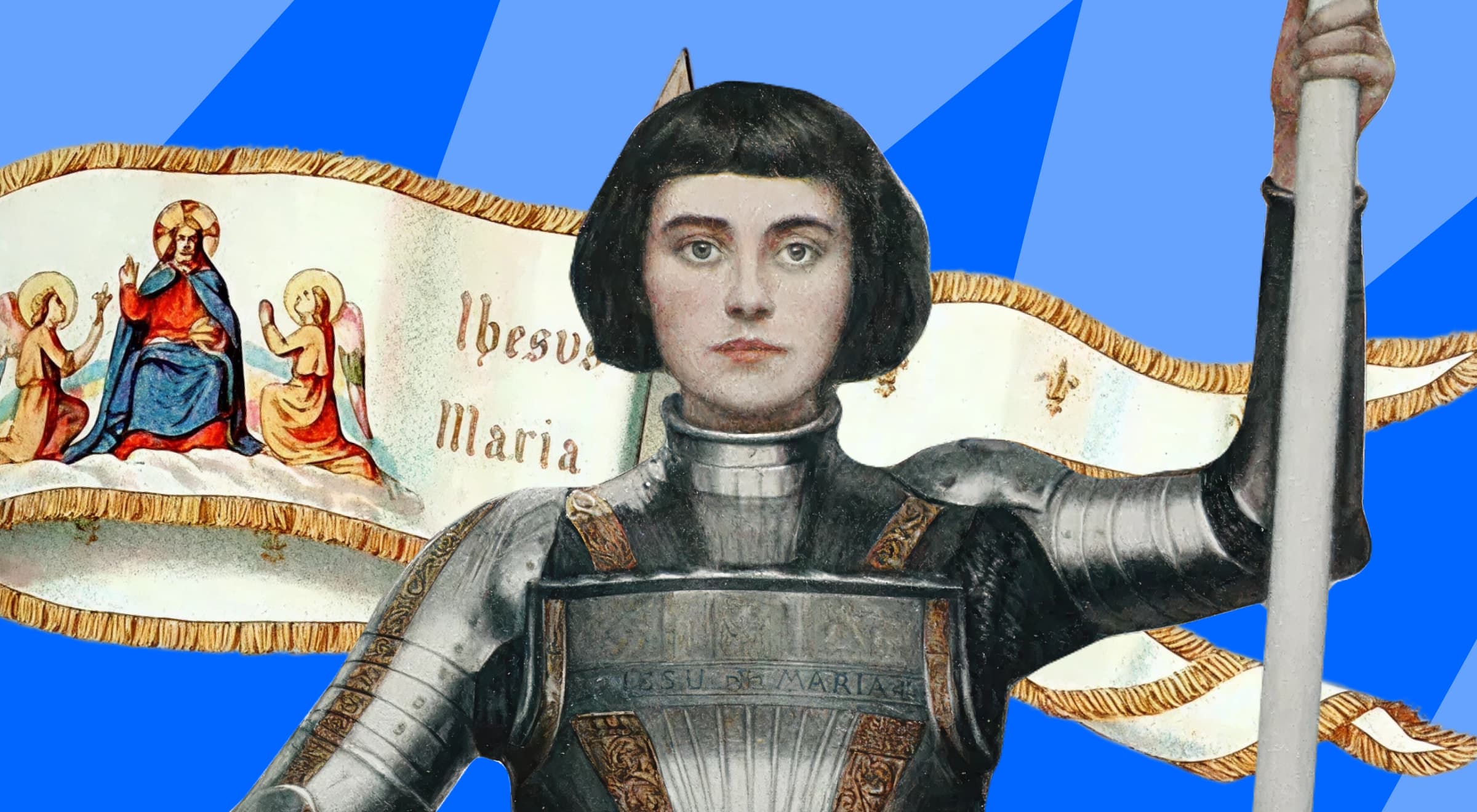 Historical illustration of Joan of Arc in silver armor holding a banner against a blue background, symbolizing courage and leadership during one of history's longest wars