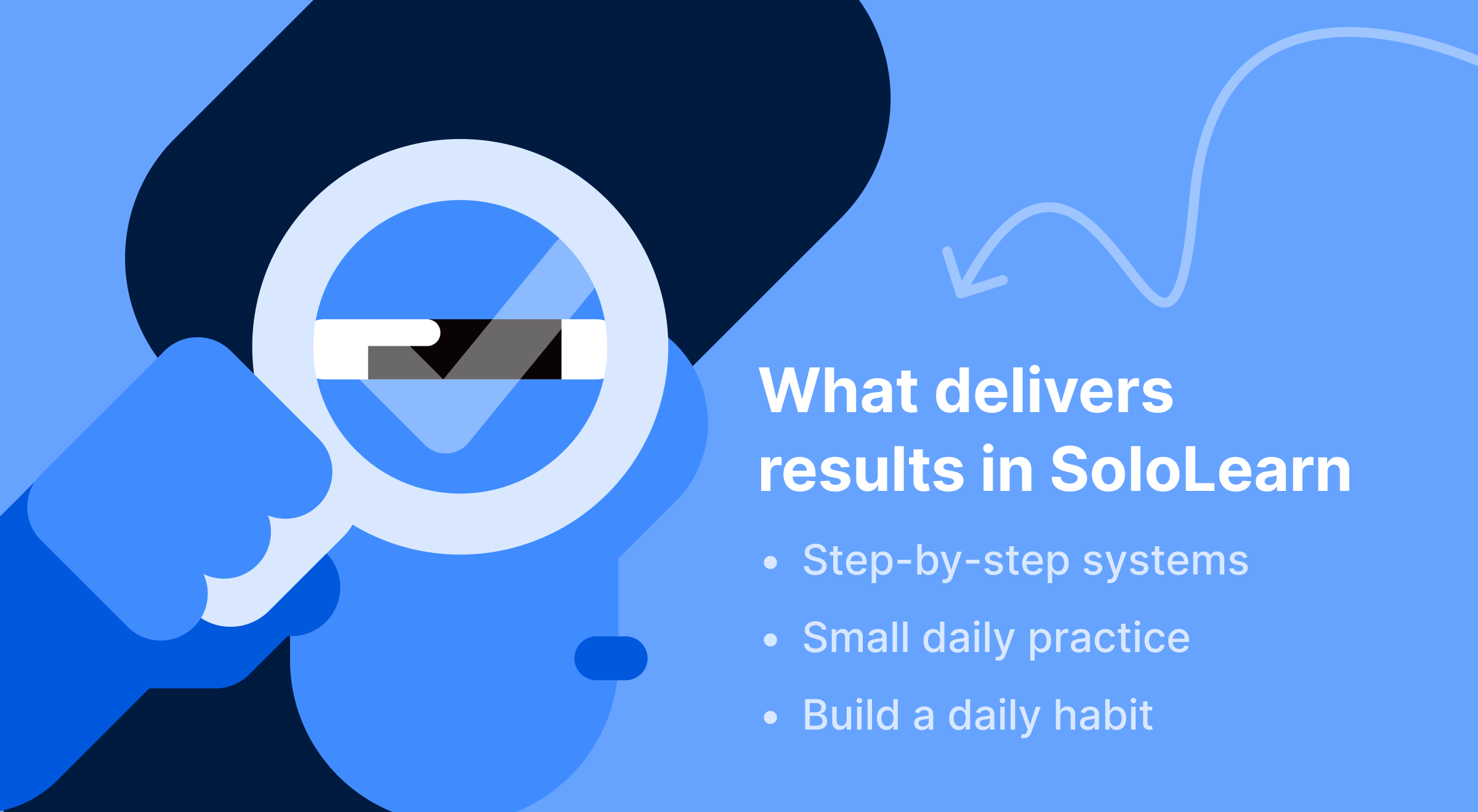 Illustrated character with a magnifying glass on a blue background next to a list highlighting SoloLearn's step-by-step systems, small daily practice, and daily habit-building approach