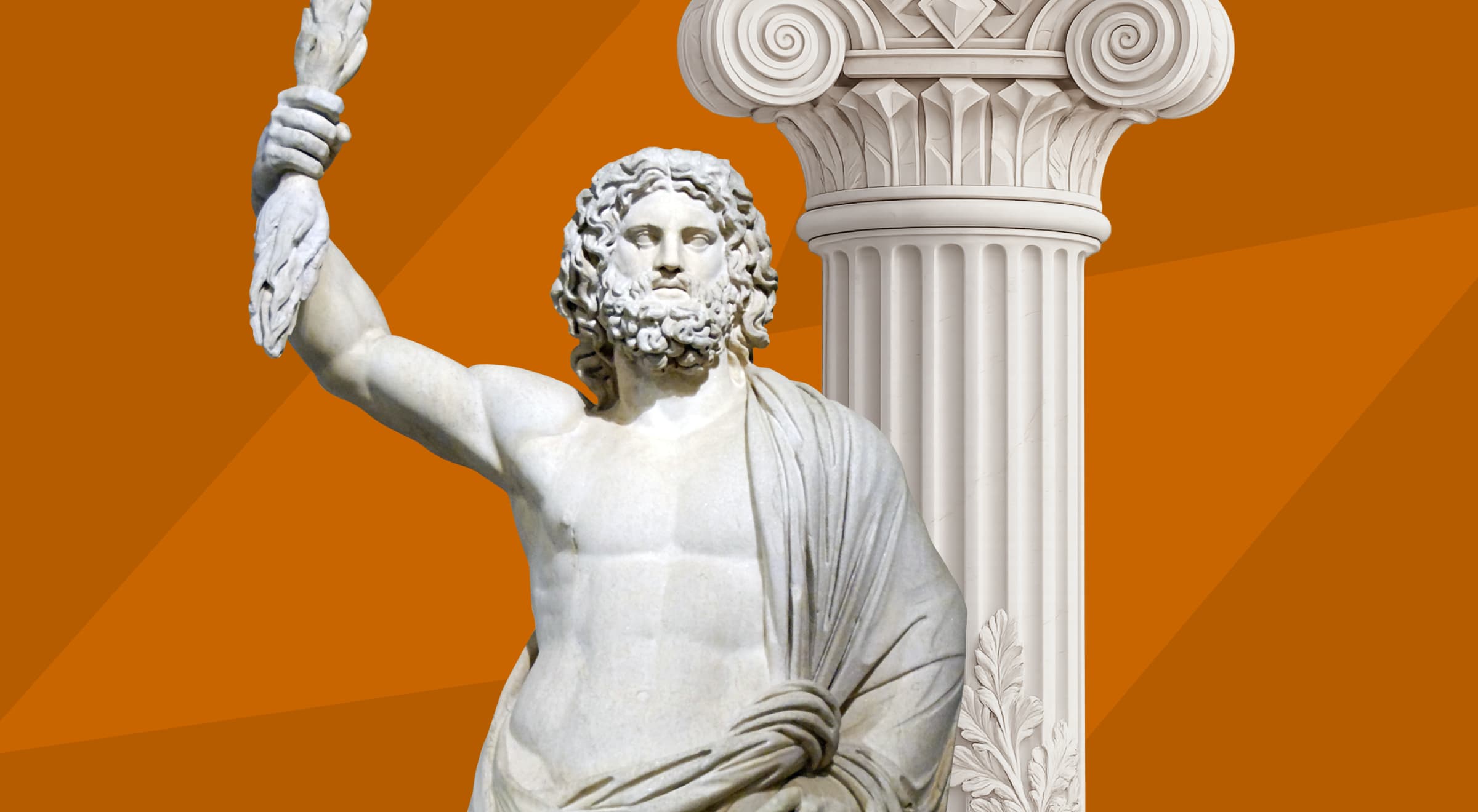 White marble statue of Zeus holding a thunderbolt next to a Greek column against an orange geometric background, representing Greek mythology trivia