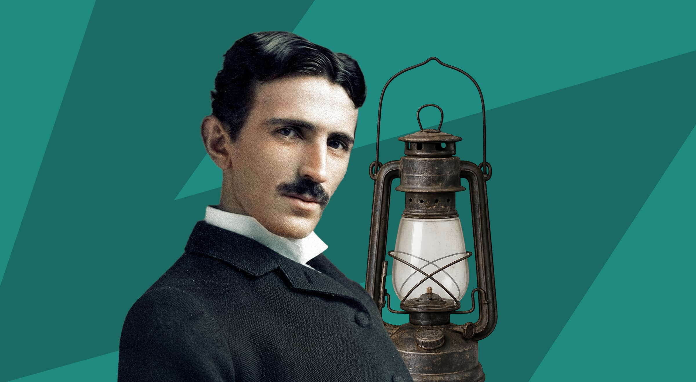 _Illustrated portrait of Nikola Tesla holding a vintage oil lantern against a teal geometric background — scientist who invented electricity