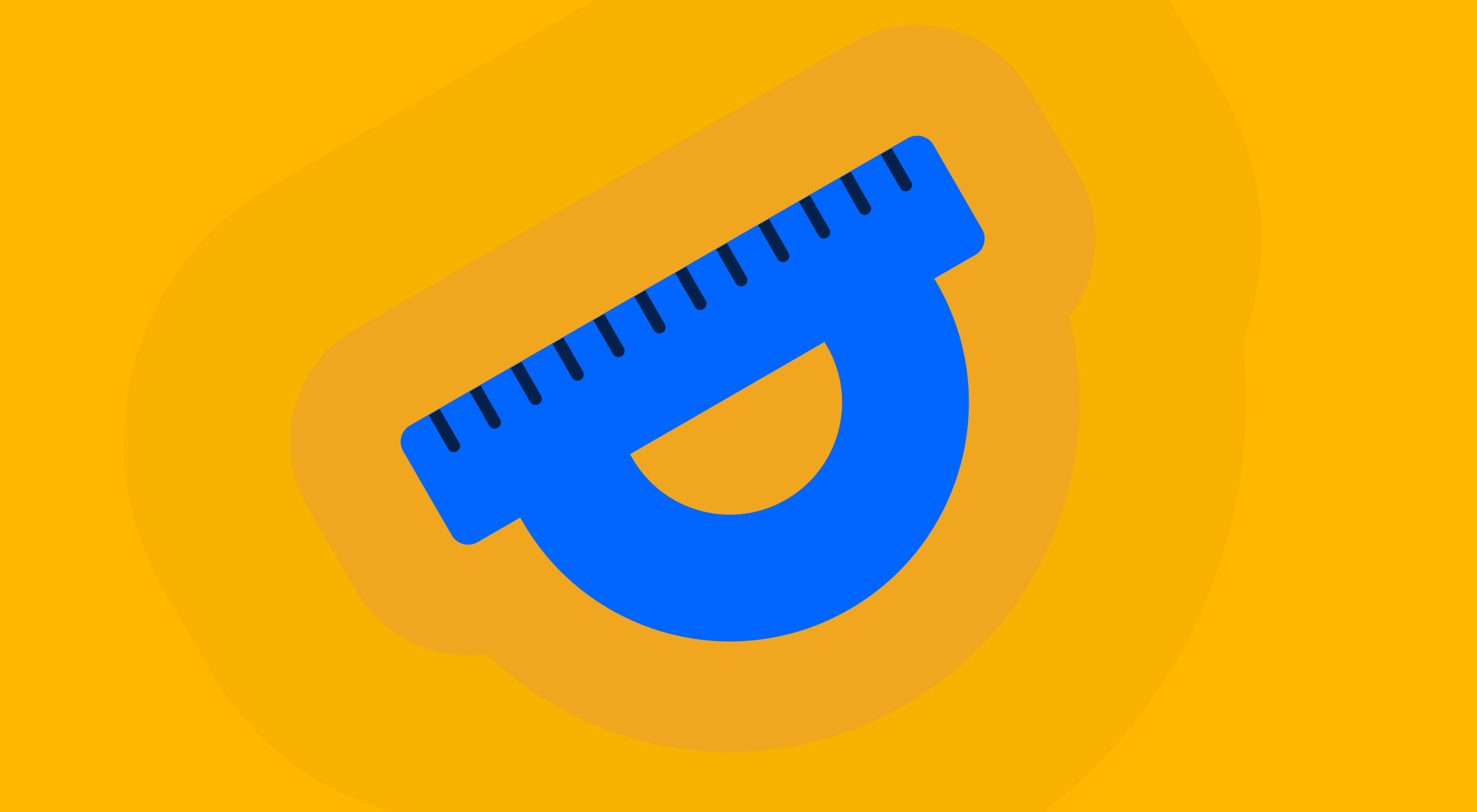 Blue illustrated protractor on a bright orange background, representing geometry and math measurement tools