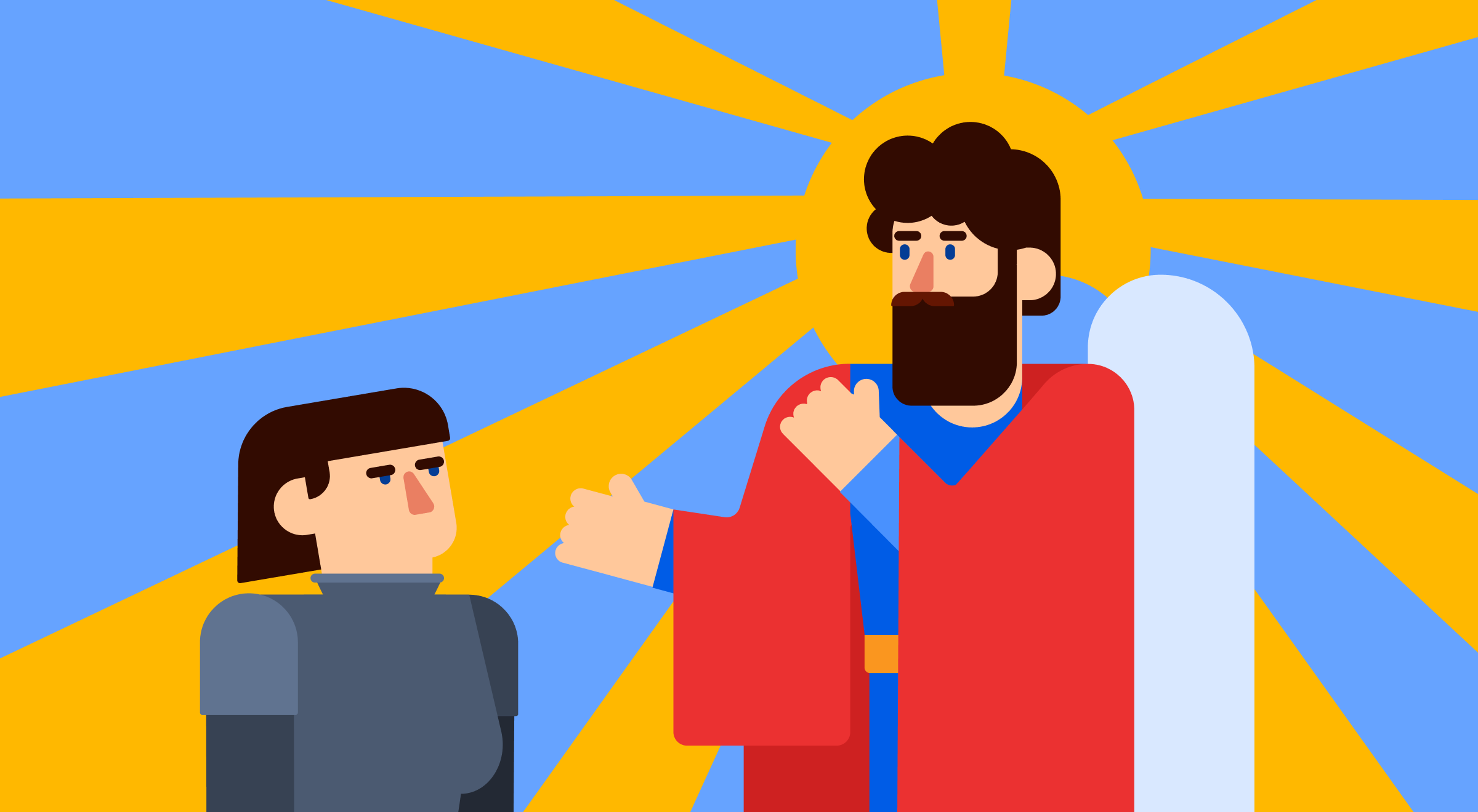 Flat style illustration of a bearded man in red robes offering guidance to a smaller armored figure against a yellow and blue sunburst background, representing a historical mentor and warrior scene