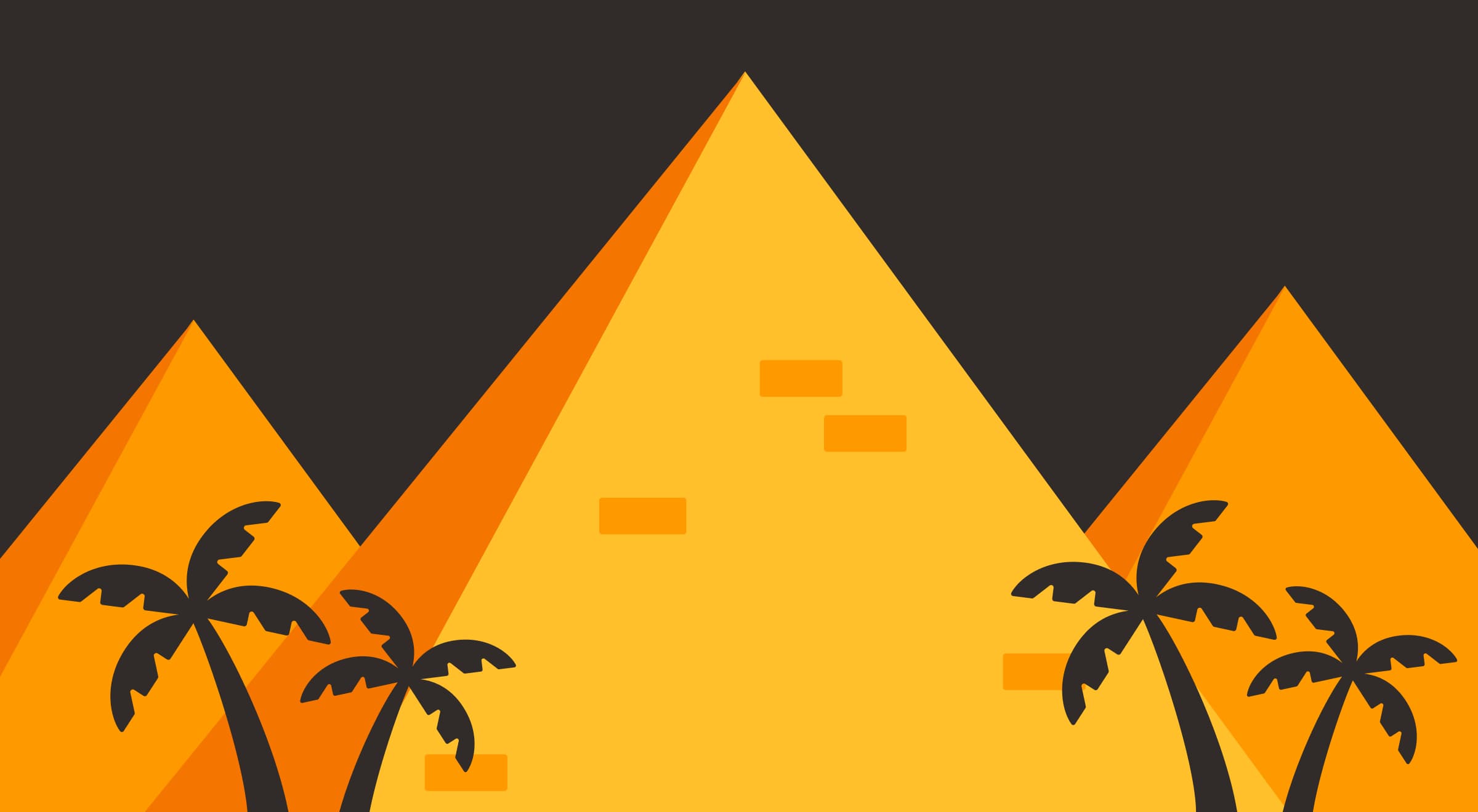 _Flat design illustration of ancient Egyptian pyramids in shades of orange and yellow with palm tree silhouettes against a dark gray night sky