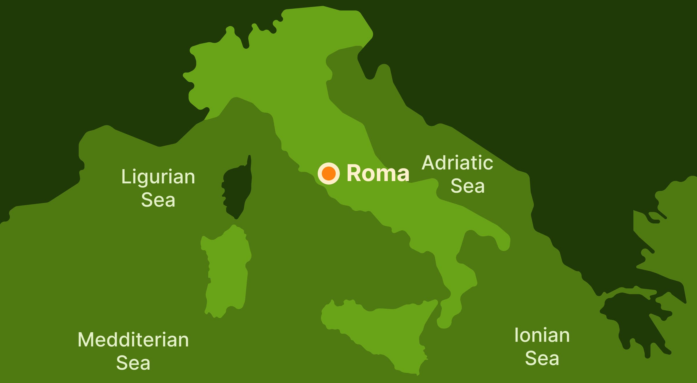 Illustrated green map of Italy on a dark green background with Rome marked and surrounding seas labeled including Adriatic, Ionian, Ligurian, and Mediterranean