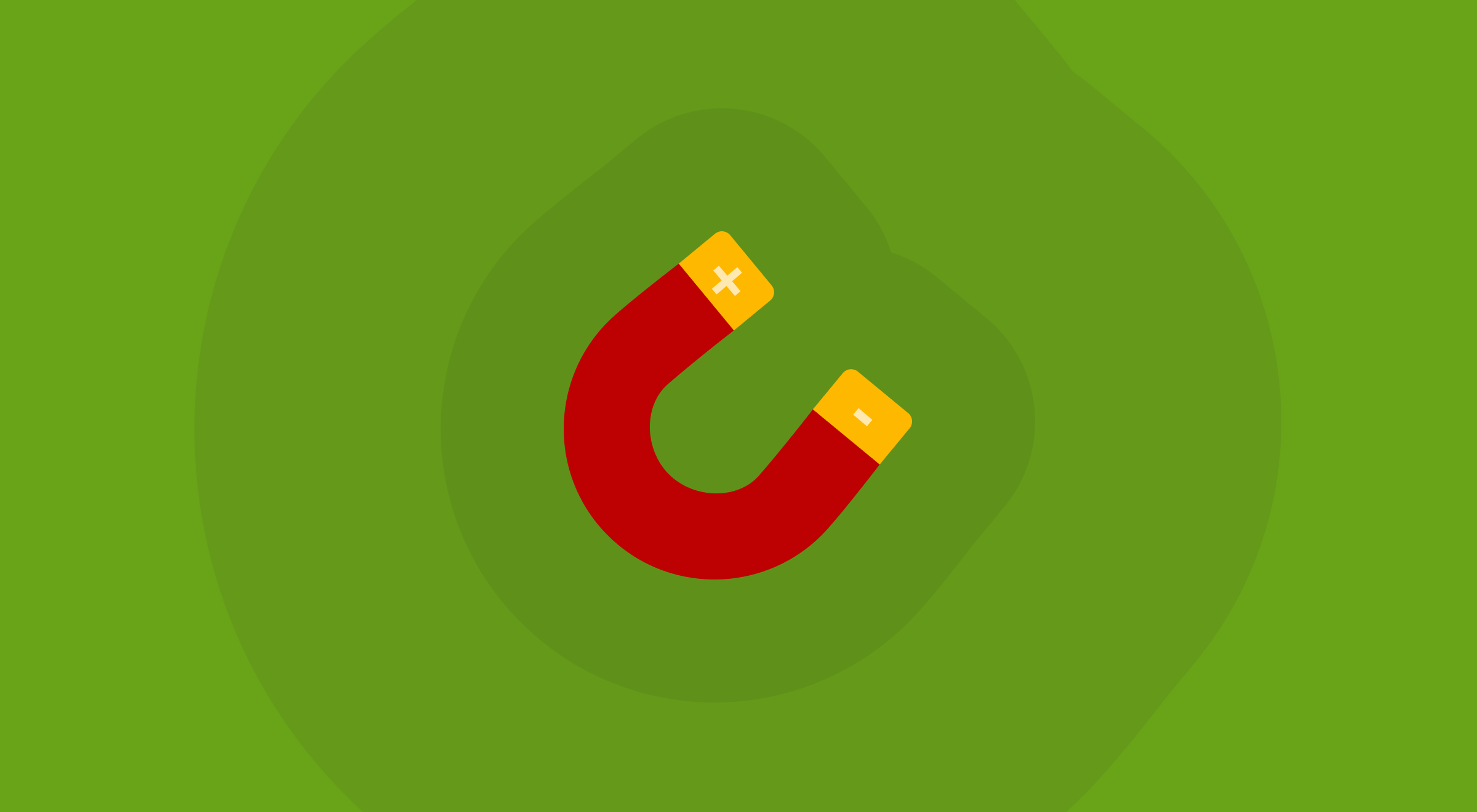 Flat illustration of a red horseshoe magnet with positive and negative poles on a green background with concentric circular waves representing a magnetic field