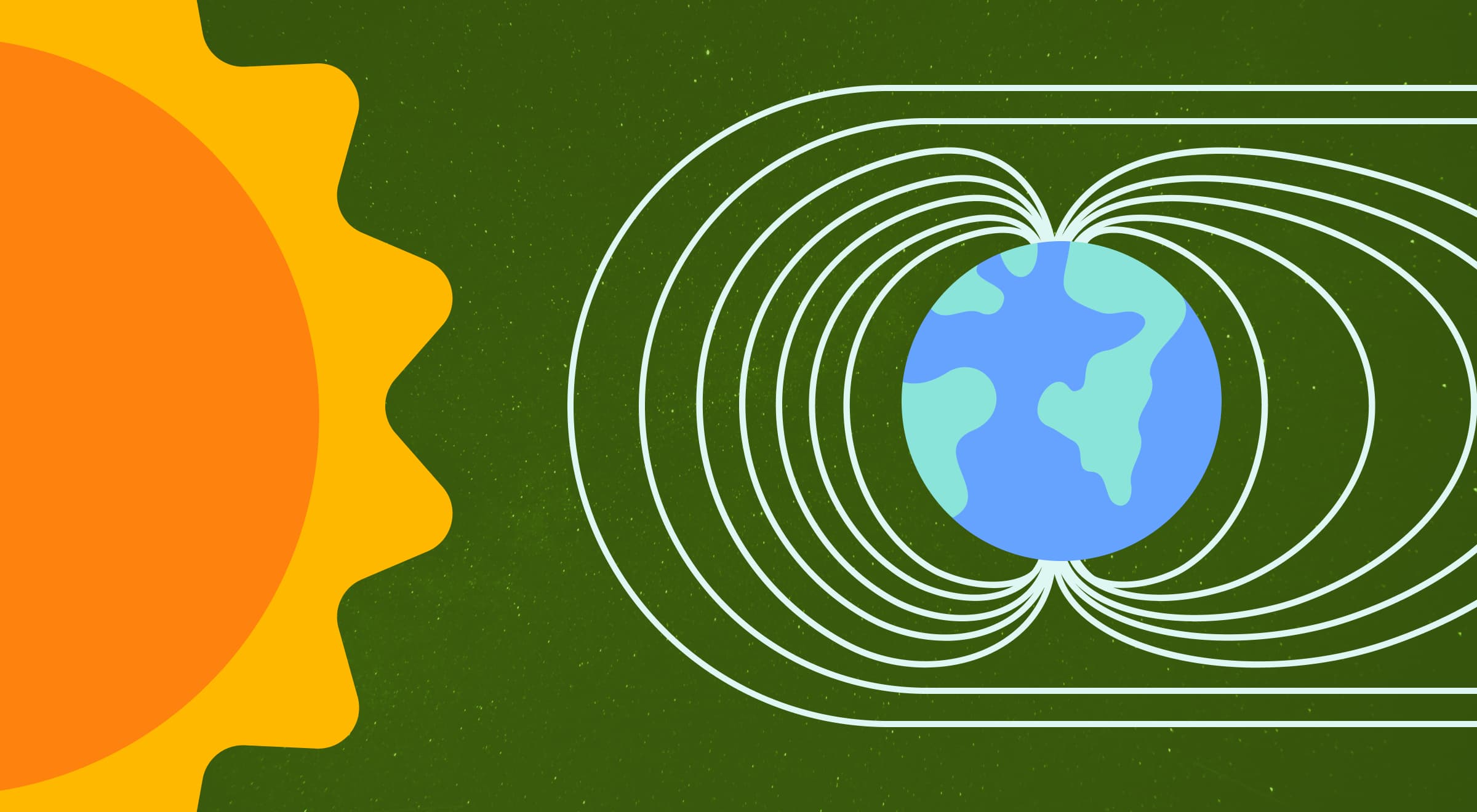 Flat illustration of Earth's magnetic field shown as white curved field lines surrounding the globe with the Sun emitting solar energy on the left against a dark green space background