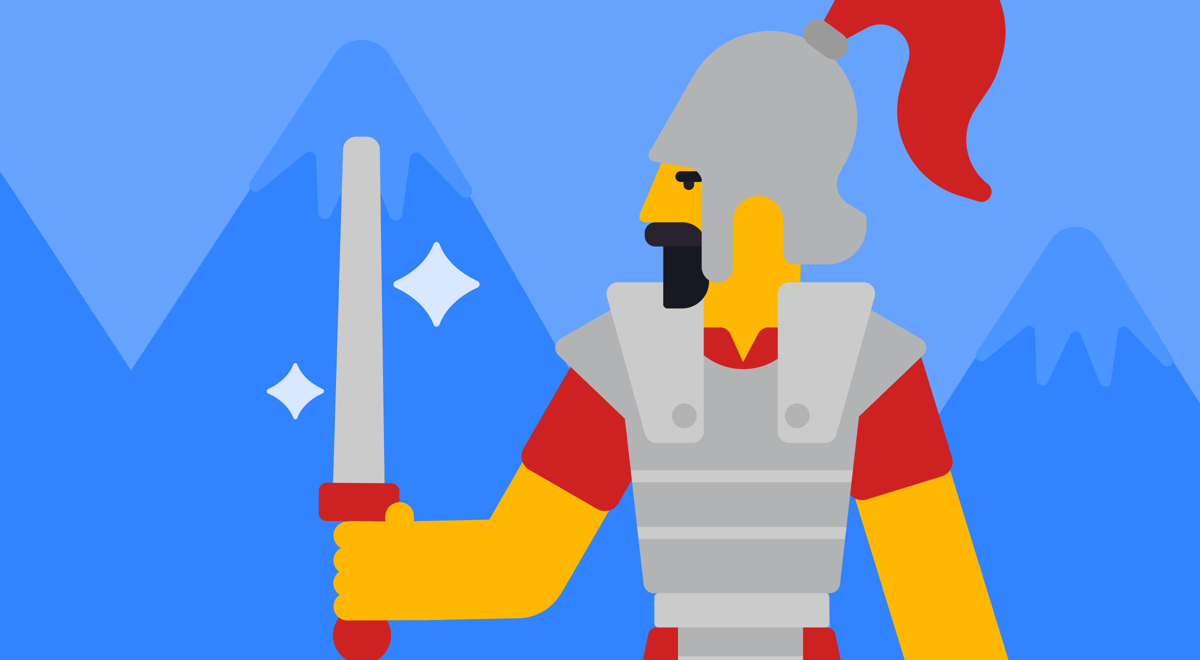 Flat style illustration of an armored knight in gray and red holding a glowing sword with blue mountains in the background, representing a legendary warrior from history