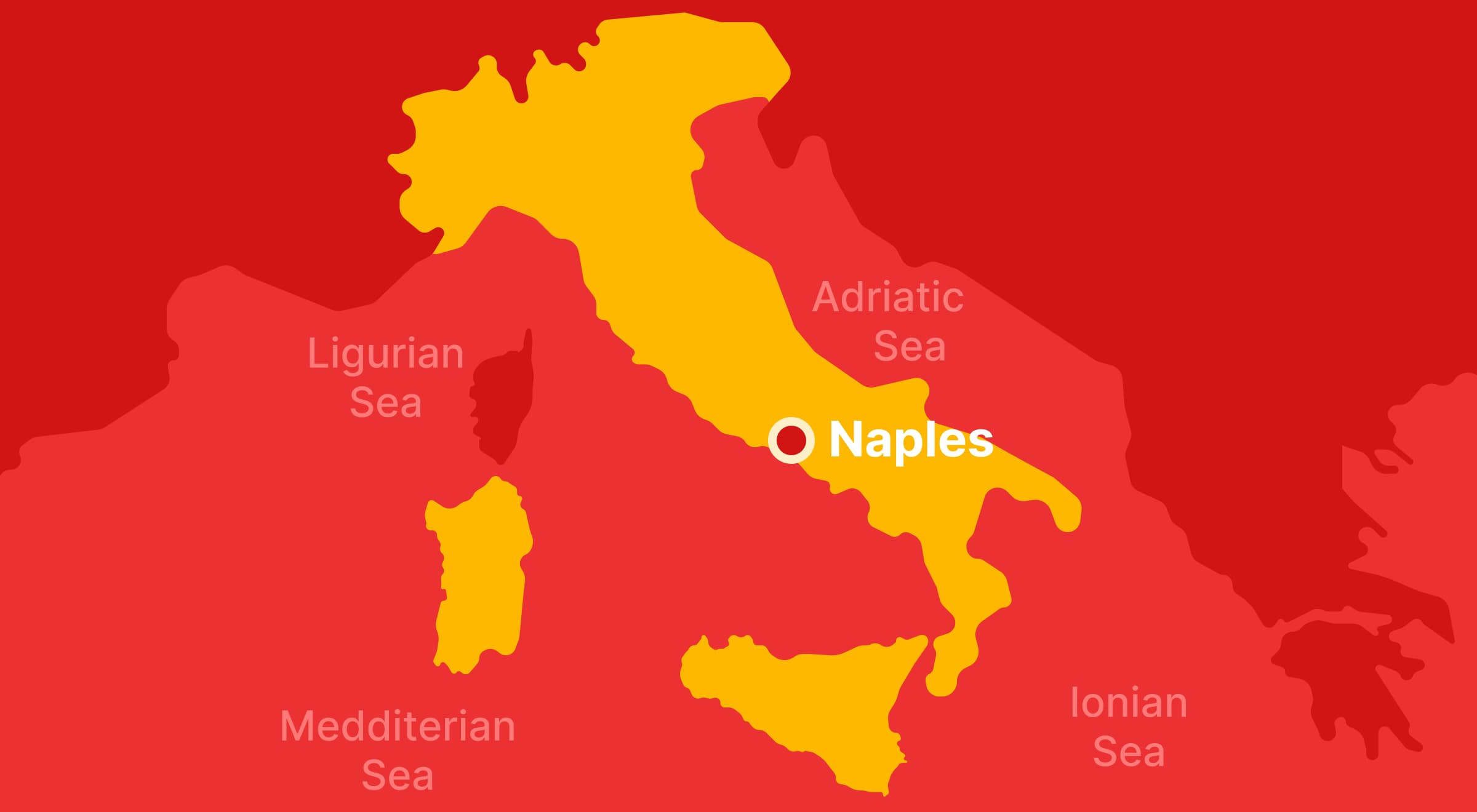 Illustrated yellow map of Italy on a red background with Naples marked and surrounding seas labeled including Adriatic, Ionian, Ligurian, and Mediterranean