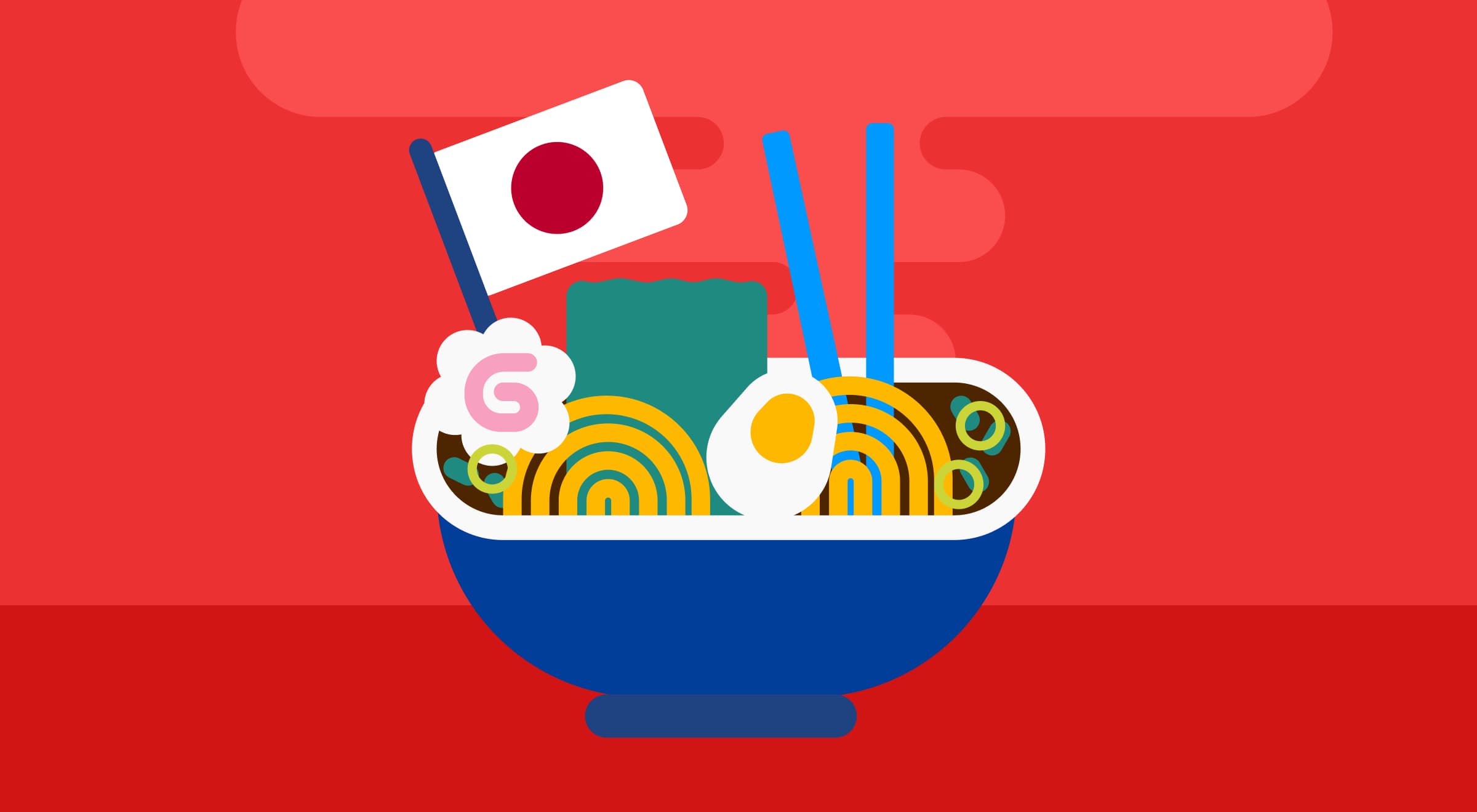 _Illustrated bowl of Japanese ramen with noodles, egg, chopsticks, and a Japanese flag on a red background as a food trivia visual