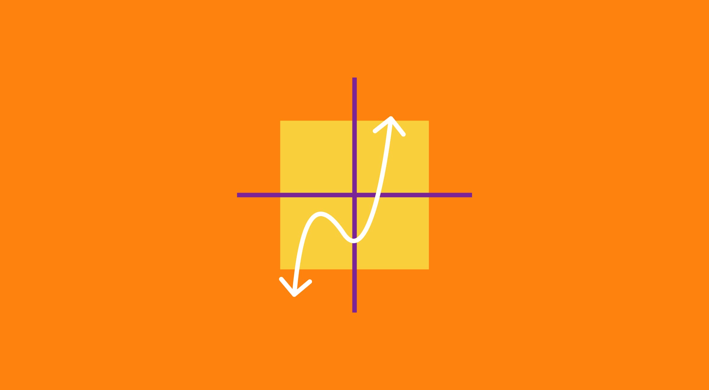 Illustration of a curved white arrow moving through a coordinate axis on an orange background with a yellow square, representing an easy math graph concept