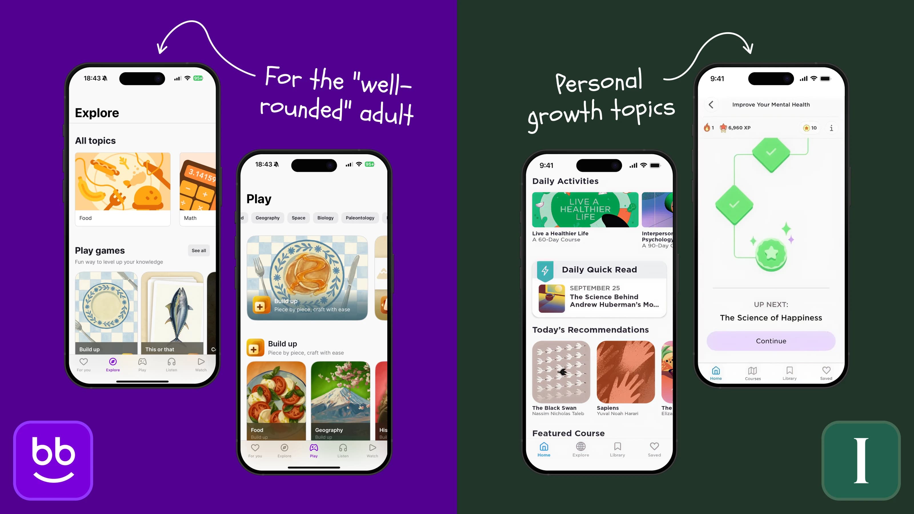 Nibble app and Imprint app mobile screens displaying microlearning topics and personal growth content on purple and green background